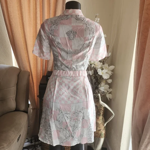 Versace Pink Shirt Dress Signature Baroque Print with belt Silk size S